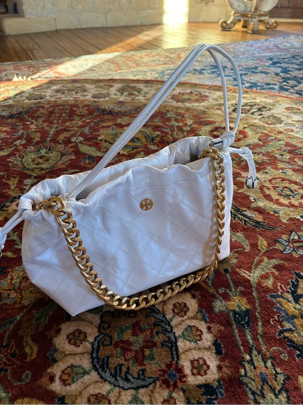 Tory Burch White Quilted Shoulder Bag with Gold Chain